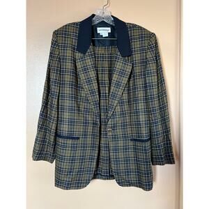 Vintage Breckenridge Olive & Navy Plaid Blazer + Pleated Midi Skirt Set Size 10